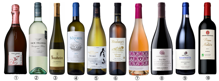 講座で試飲する世界のワイン10種類（詳細は下記をご覧ください）