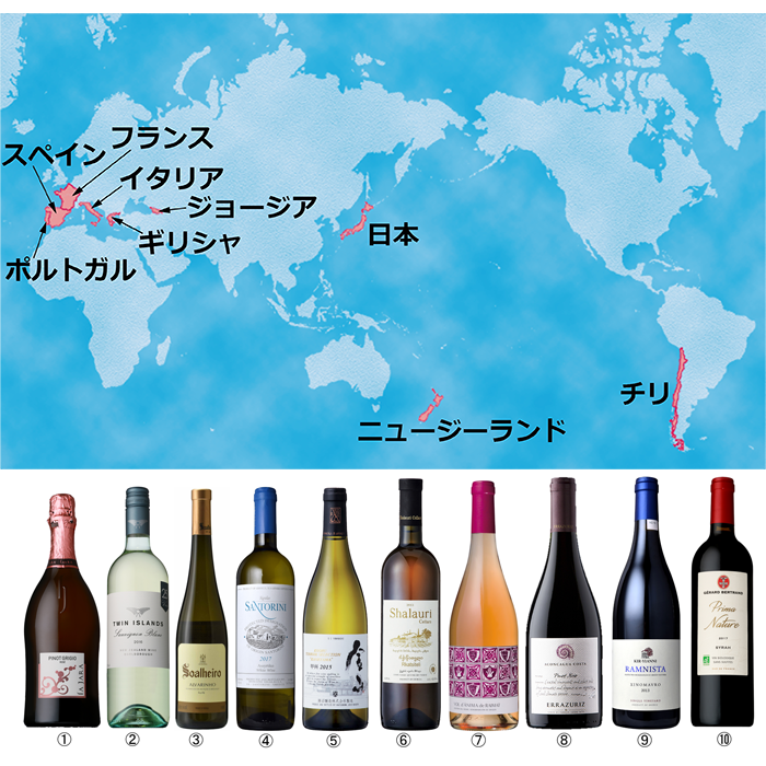 講座で試飲した世界のワイン10種類（銘柄、産地は（注1）を参照）